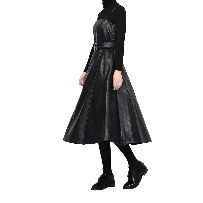 Stylish strapless black PU leather dress with high waist belt, perfect for gothic looks and nights out.