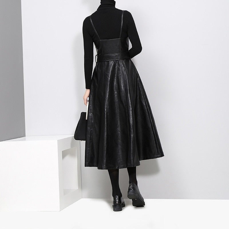 Solid Color Strapless Black PU Leather Dress / High Waist Belt Zipper Loose Dress Solid Color Strapless Black PU Leather Dress / High Waist Belt Zipper Loose Dress