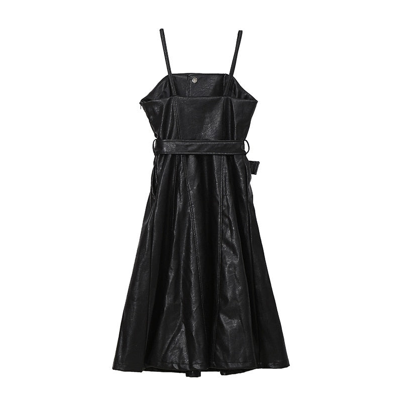 Solid Color Strapless Black PU Leather Dress / High Waist Belt Zipper Loose Dress - HARD'N'HEAVY
