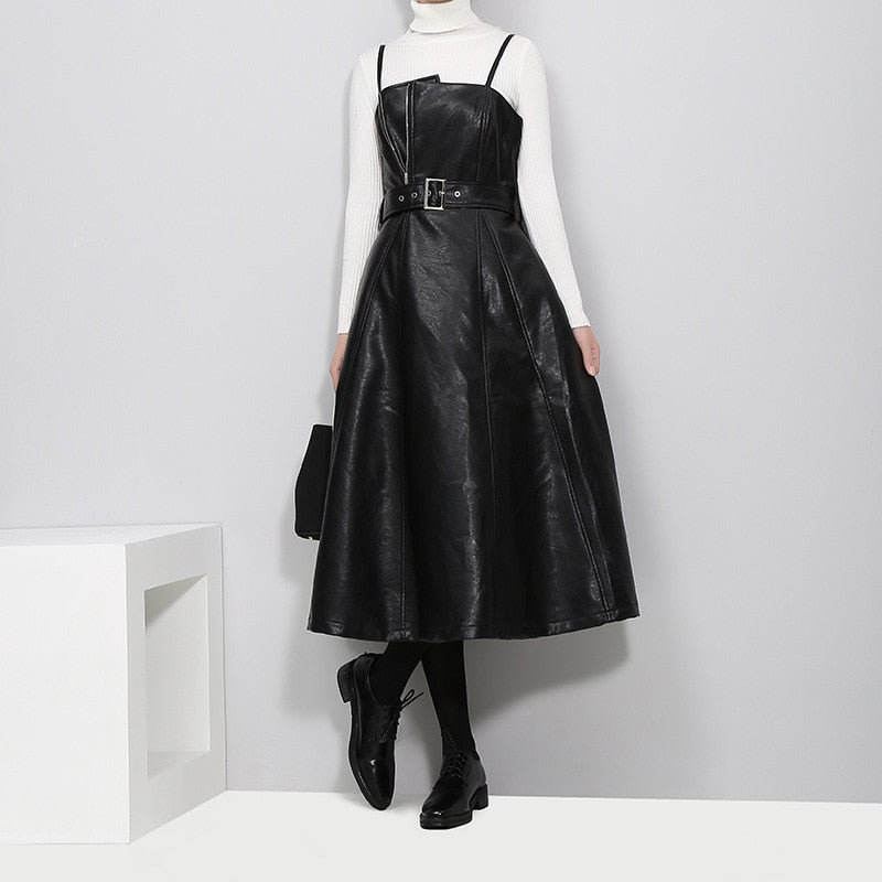Stylish solid black strapless PU leather dress with high waist belt, perfect for gothic outings and cosplay adventures.