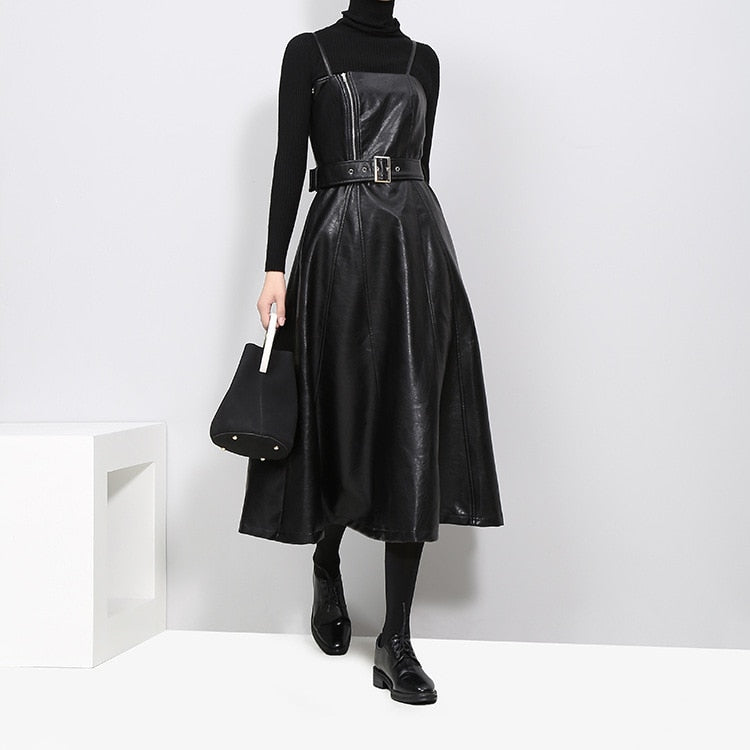 Solid Color Strapless Black PU Leather Dress / High Waist Belt Zipper Loose Dress Solid Color Strapless Black PU Leather Dress / High Waist Belt Zipper Loose Dress