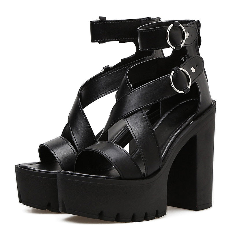 Solid platform women's gothic high heels gladiator sandals with buckles, stylish black imitation leather design.