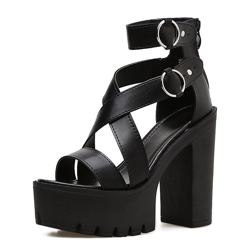 Black high heel gladiator sandals with buckles, perfect for a gothic rock look, made of imitation leather.