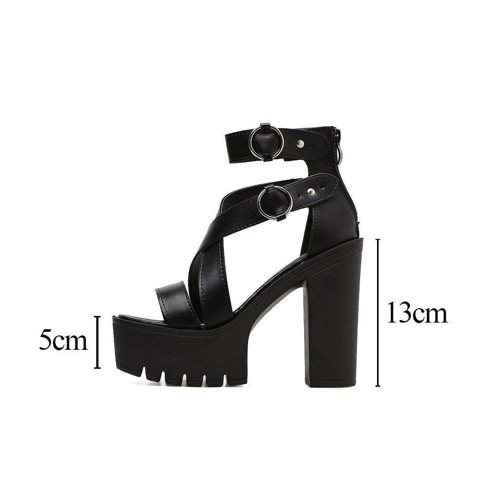 Side view of black high heel gladiator sandals with buckle, featuring a 13cm heel and 5cm platform, perfect for a gothic style.