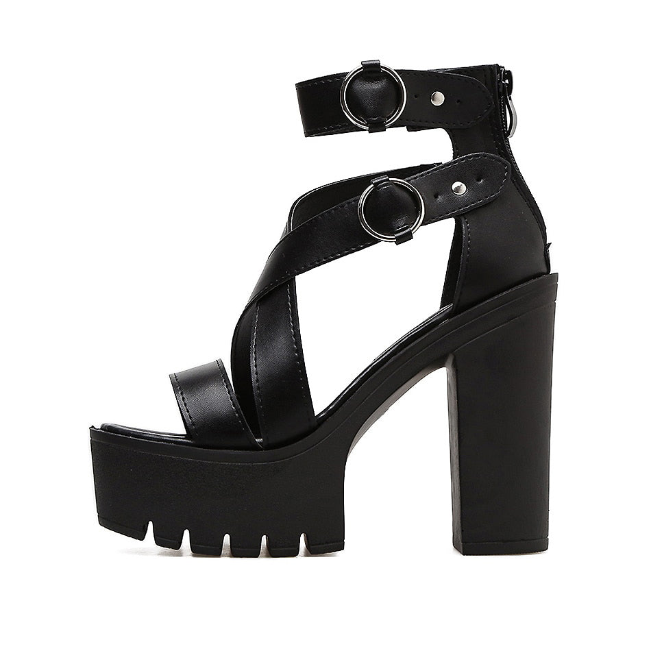 Stylish women's black Gothic high heel gladiator sandals with buckles and chunky platform.
