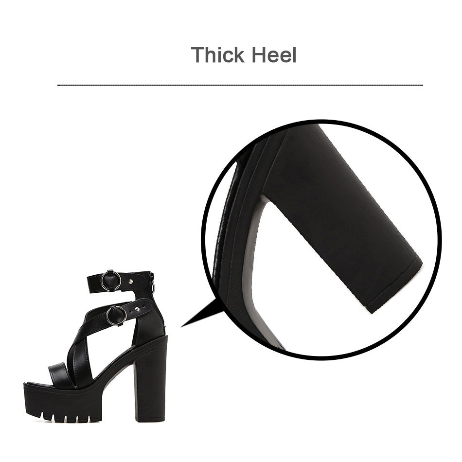 Gothic high heel gladiator sandals showcasing a stylish thick heel and buckle design, perfect for a unique rock look.