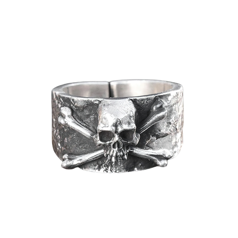 Unisex solid sterling silver retro Gothic ring with crossbones skull design