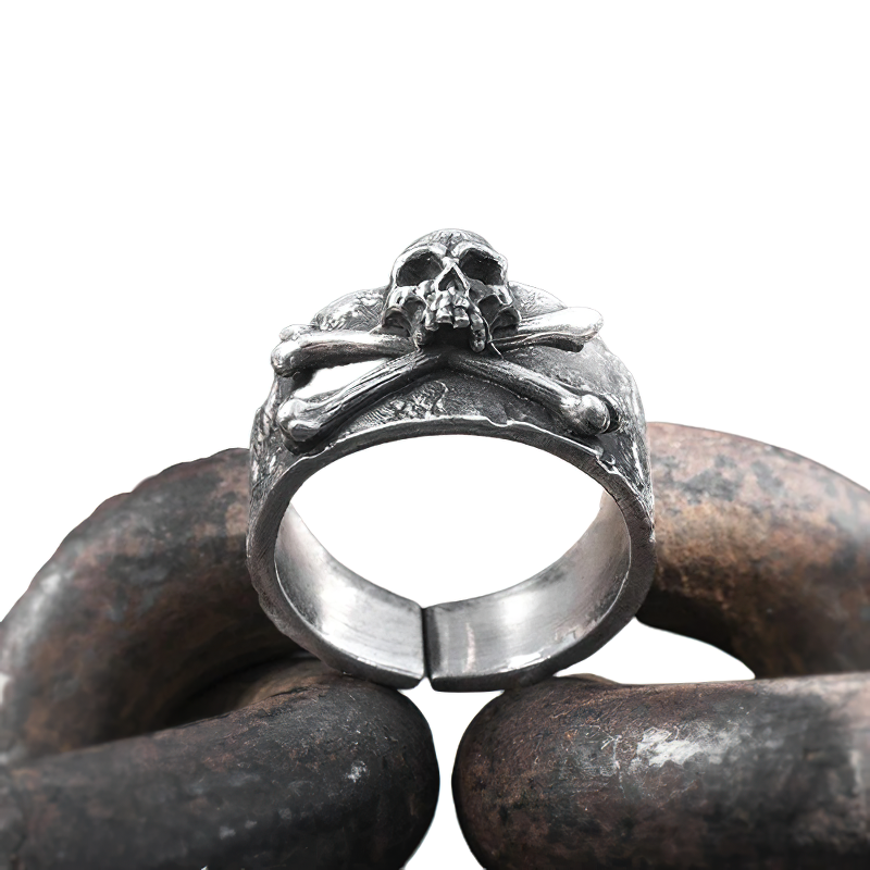 Solid retro gothic unisex ring with crossbones skull design in 999 sterling silver, perfect for edgy fashion.