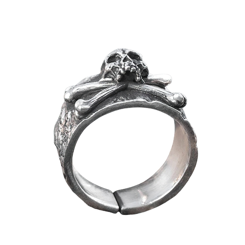 Solid unisex retro Gothic ring featuring a detailed crossbones skull design in 999 sterling silver.