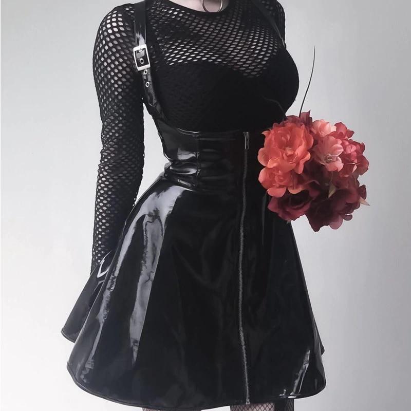 Solid Woman Leather Vintage Skirts / Zipper Pleated Slim Gothic Trendy - HARD'N'HEAVY