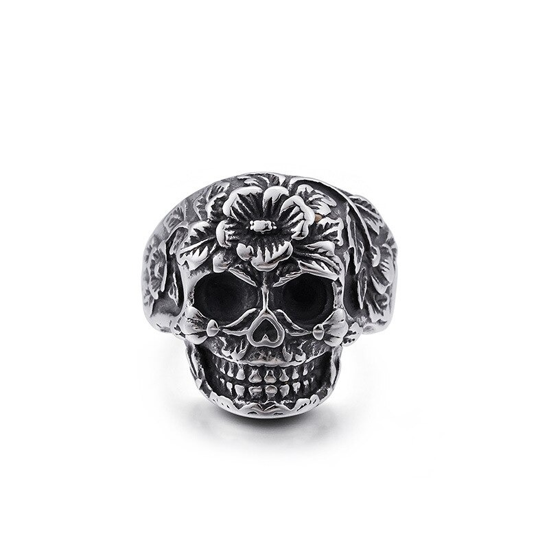 Vintage skull ring with floral patterns, stainless steel, perfect for punk rock jewelry fans, sizes 7-12.