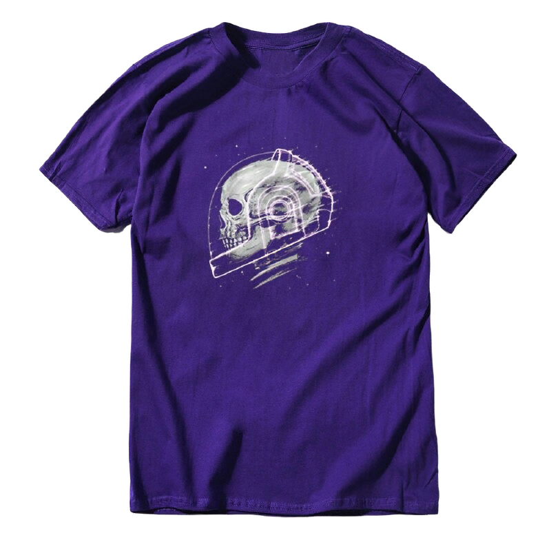 Purple short sleeve graphic tee featuring a glittery space man skull design, perfect for grunge style outfits.