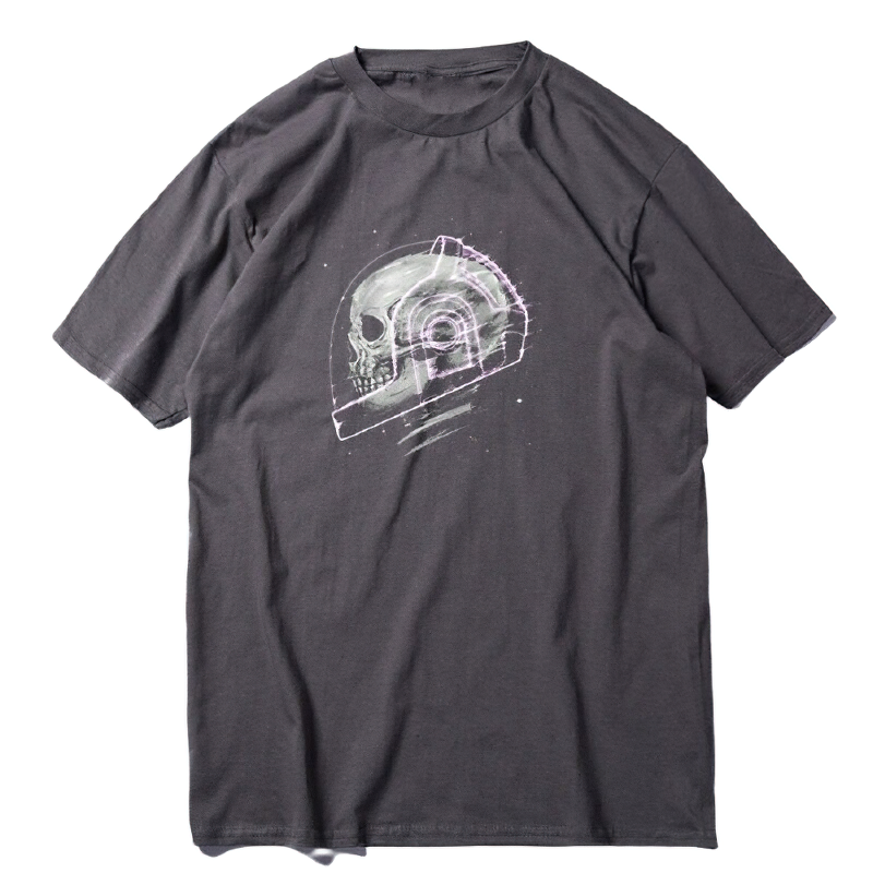 Space man skull graphic tee in dark gray, short sleeve, perfect for grunge style and space-themed outfits.