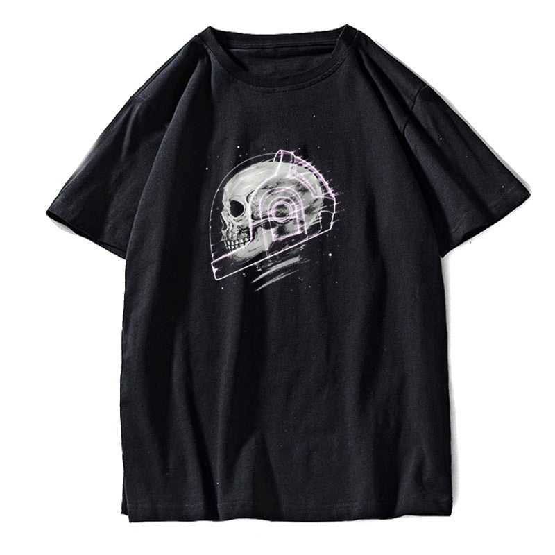 Stylish black short-sleeve tee with a glittery space man skull graphic for grunge fashion lovers.