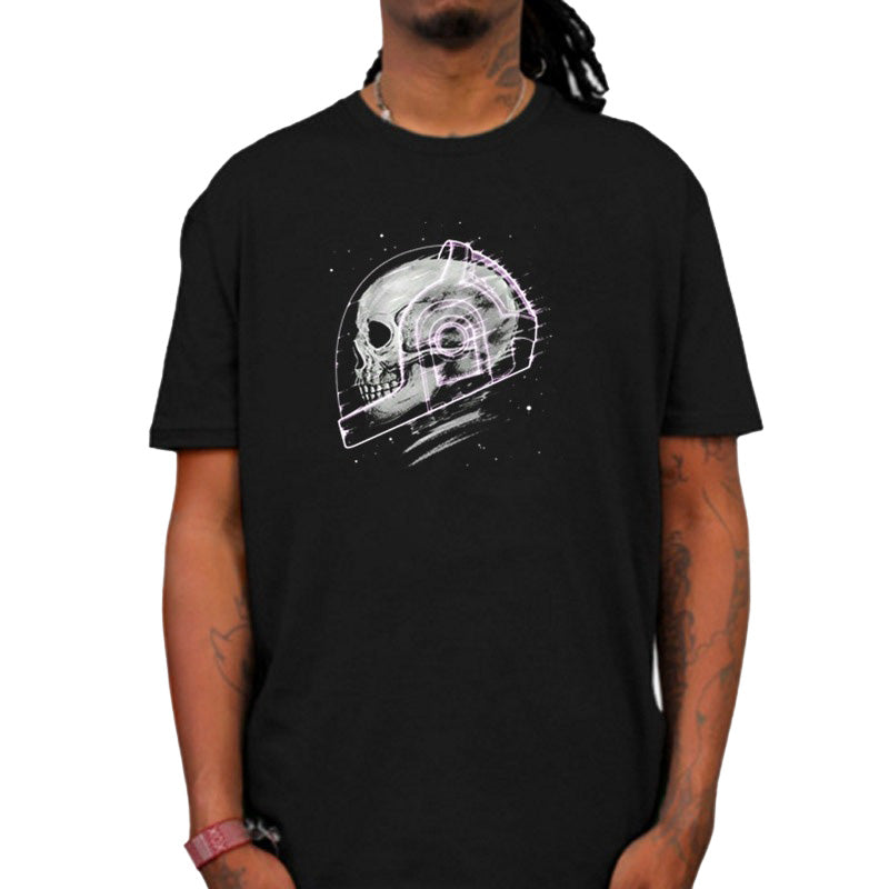 Grunge Space Man Skull Print Tee on model, black short sleeve shirt with glittery skull design.