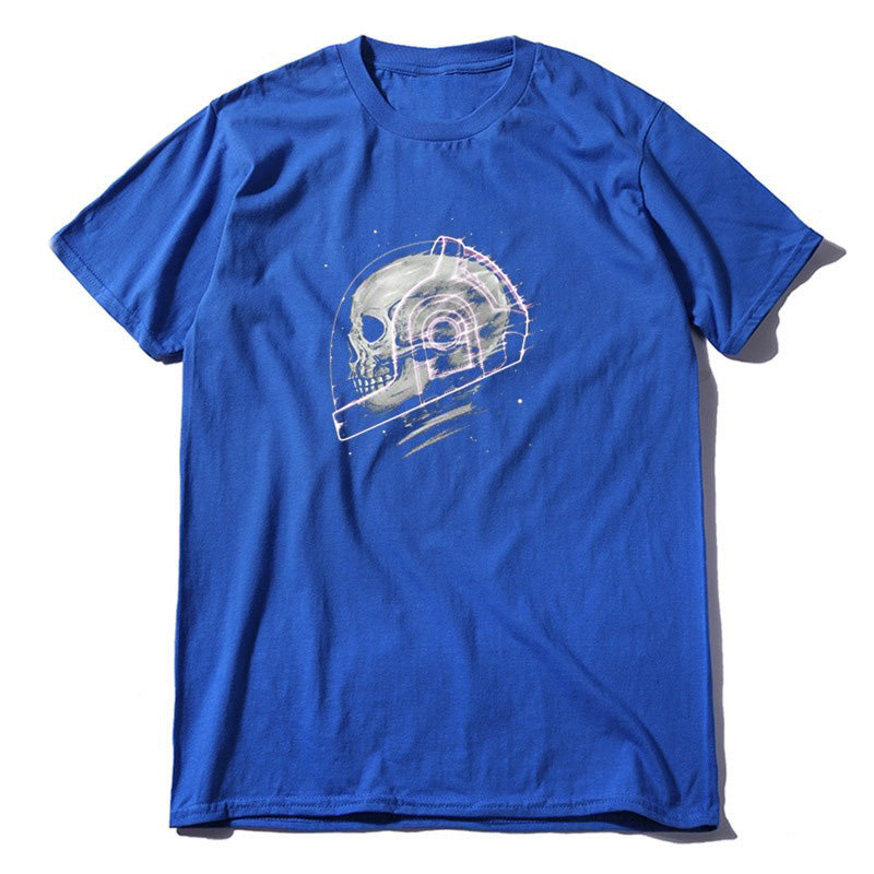 Blue short sleeve tee featuring a striking space man skull graphic for a cool grunge look.
