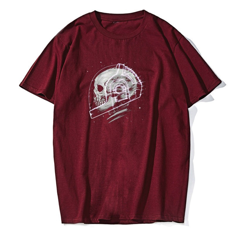 Burgundy short-sleeve tee featuring a glittery space man skull graphic, perfect for grunge style lovers.