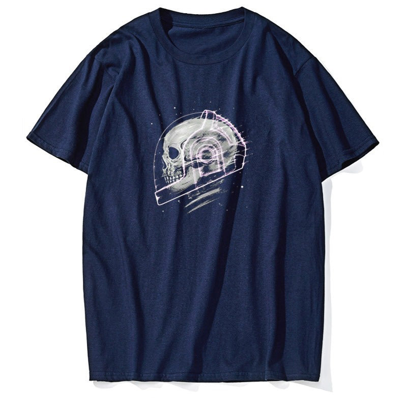 Space man skull graphic tee on navy blue short sleeve shirt for grunge style lovers.