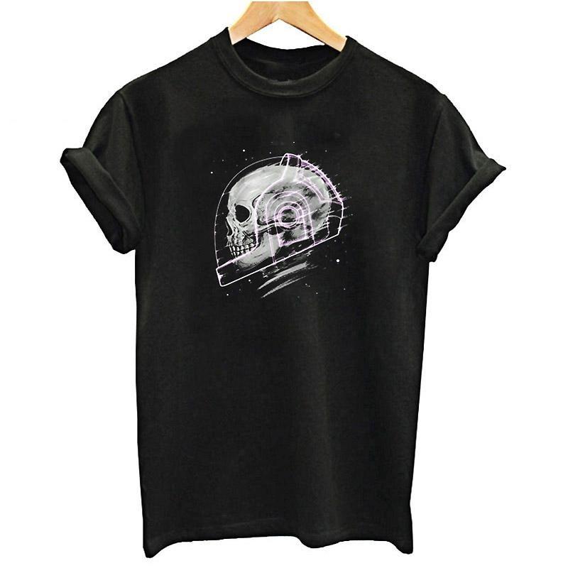 Black short-sleeve t-shirt featuring a glittery space man skull print, perfect for grunge style and eye-catching outfits.