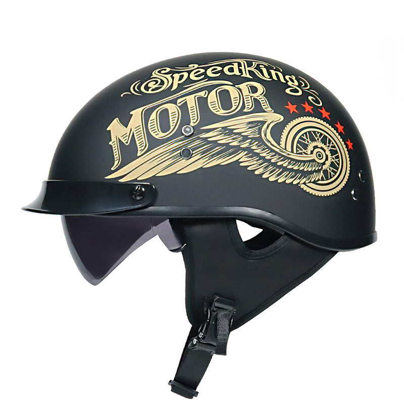 Speed King Vintage Half Face Biker Helmet in black with gold graphics, DOT certified for head protection and style.
