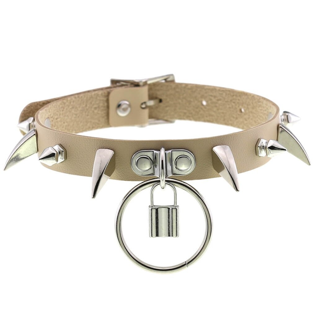 Beige spiked choker collar with silver spikes and lock pendant for punk gothic style accessories.