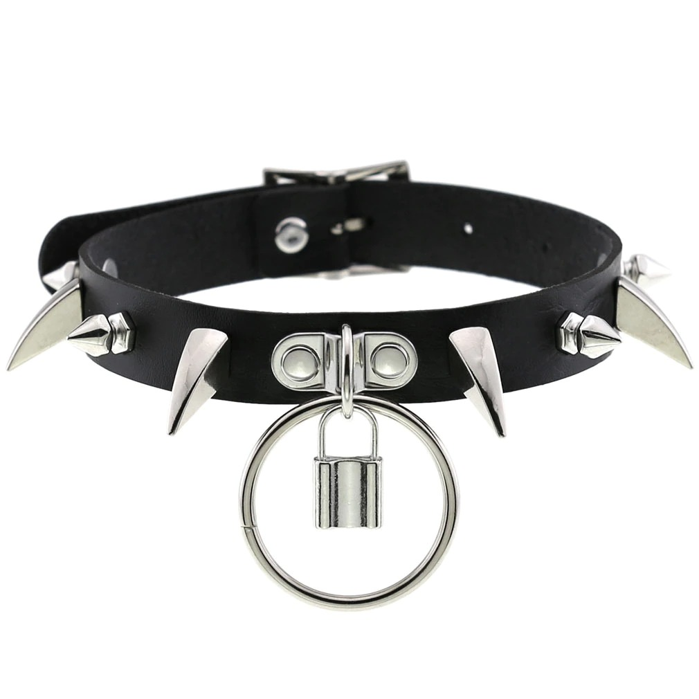 Spiked black choker collar with silver spikes and lock pendant, perfect for gothic and punk cosplay.