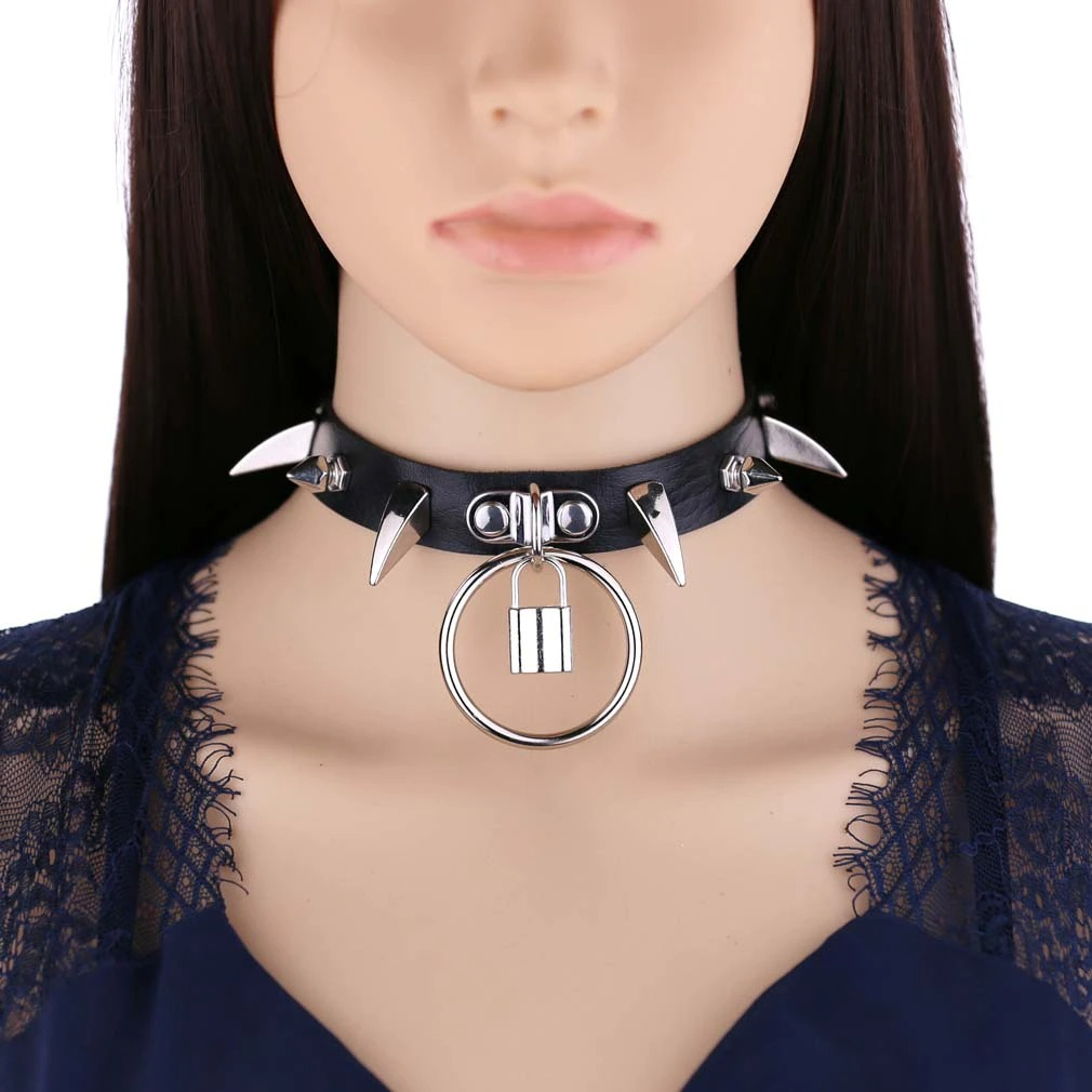 Black PU leather spiked choker collar with lock pendant, perfect for gothic punk cosplay accessories.