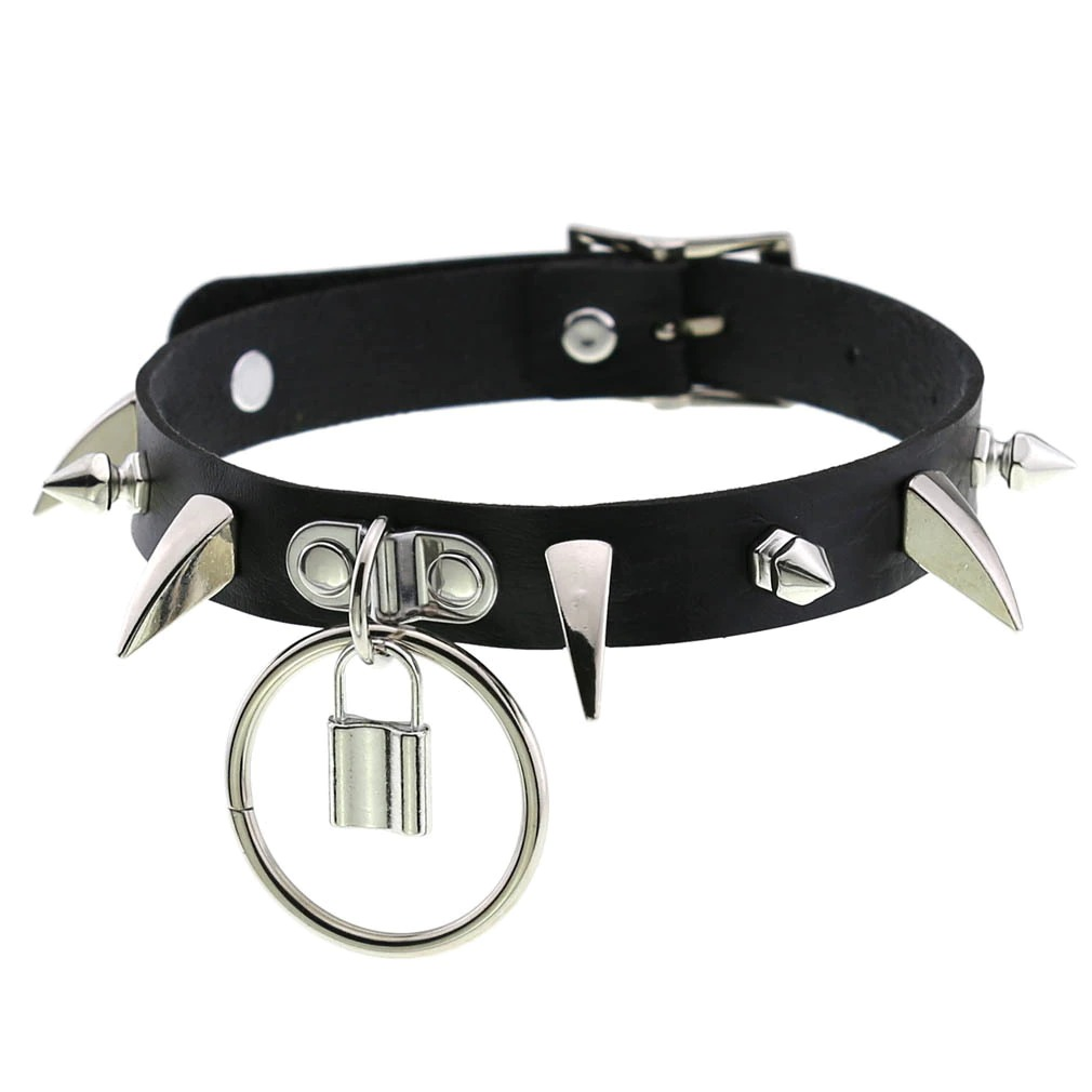 Spiked black PU leather choker collar with silver spikes and lock pendant for gothic style and punk fashion.