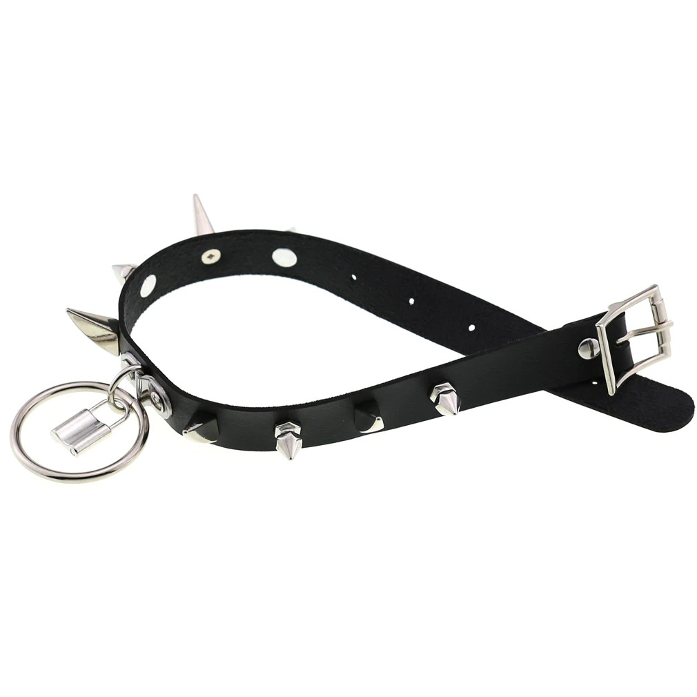 Spiked black PU leather choker collar with silver spikes and lock pendant, perfect for gothic and punk styles.