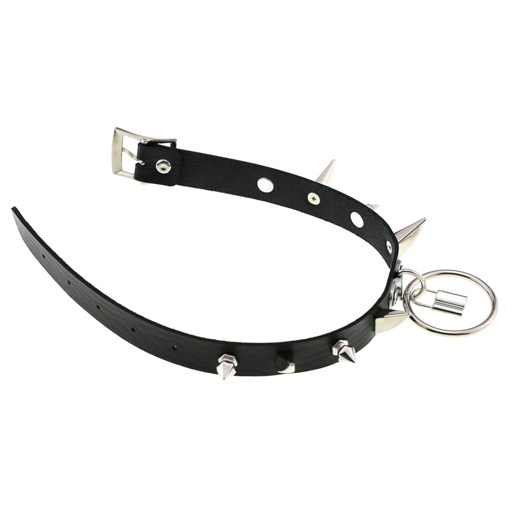 Black PU leather spiked choker collar with silver spikes and lock pendant, perfect for goth and punk fashion.