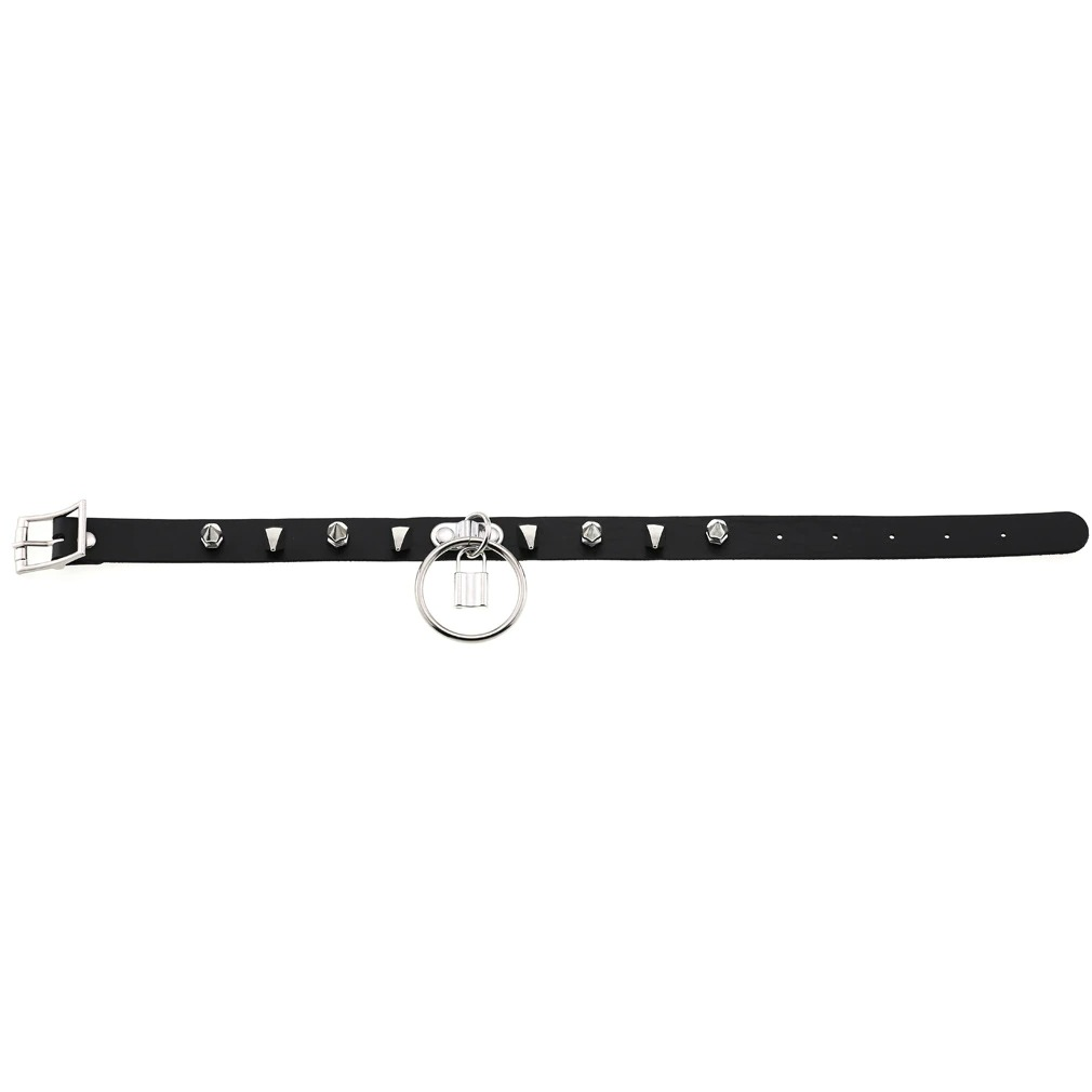 Spiked black PU leather choker collar with lock pendant and silver studs, perfect for gothic and punk fashion.