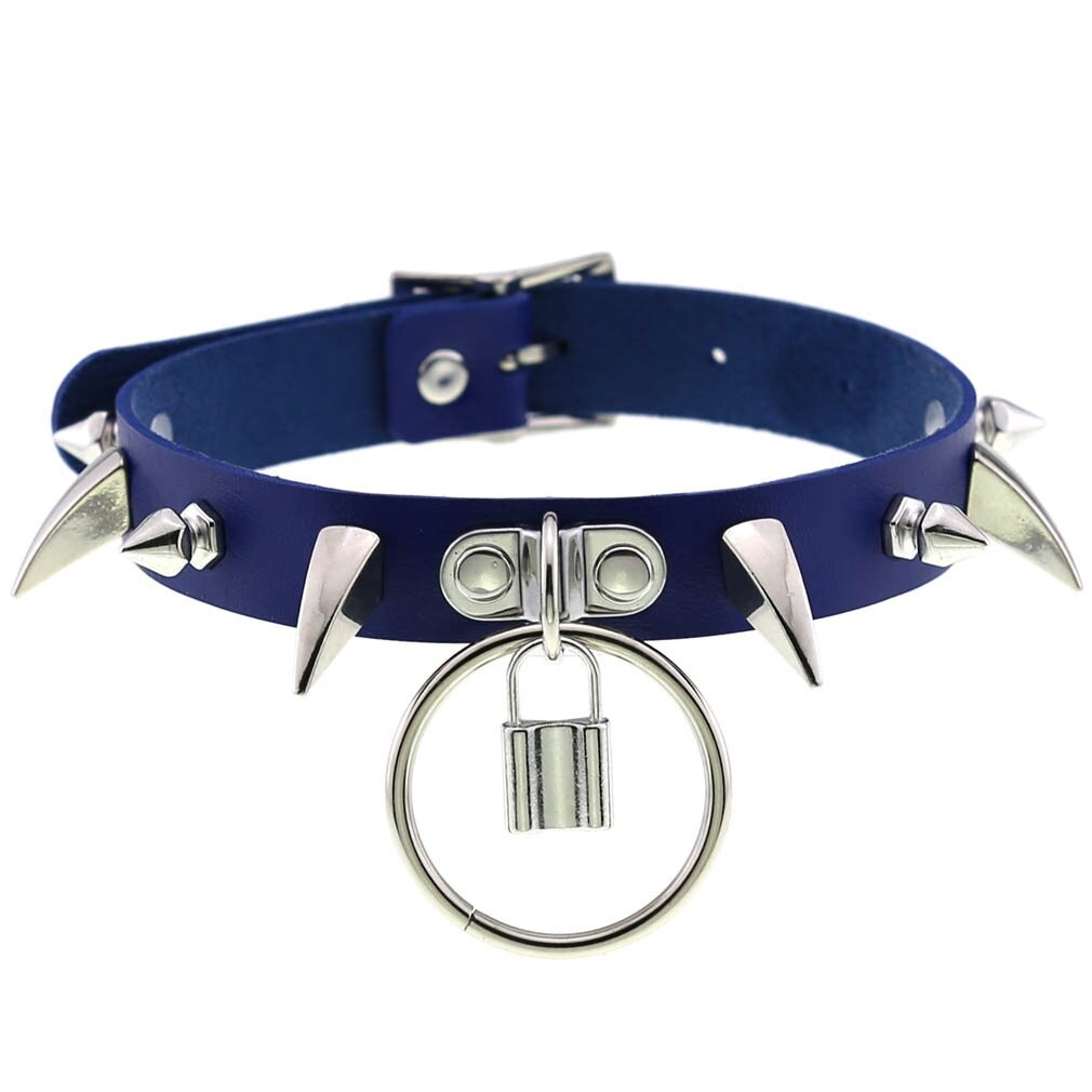 Spiked choker collar in blue PU leather with silver spikes and lock pendant - perfect punk gothic accessory for women.