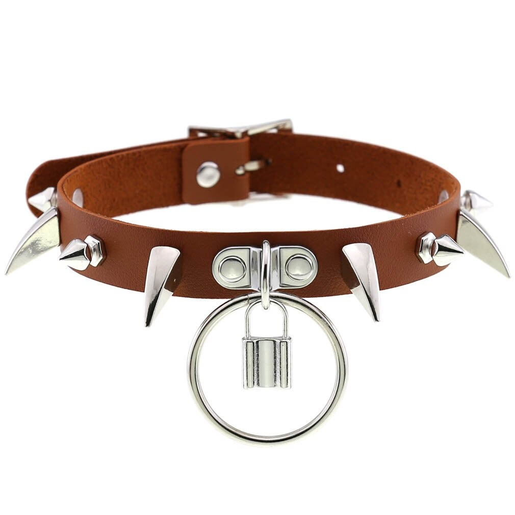 Spiked choker collar in brown PU leather with silver spikes and lock pendant, perfect for gothic and punk fashion.