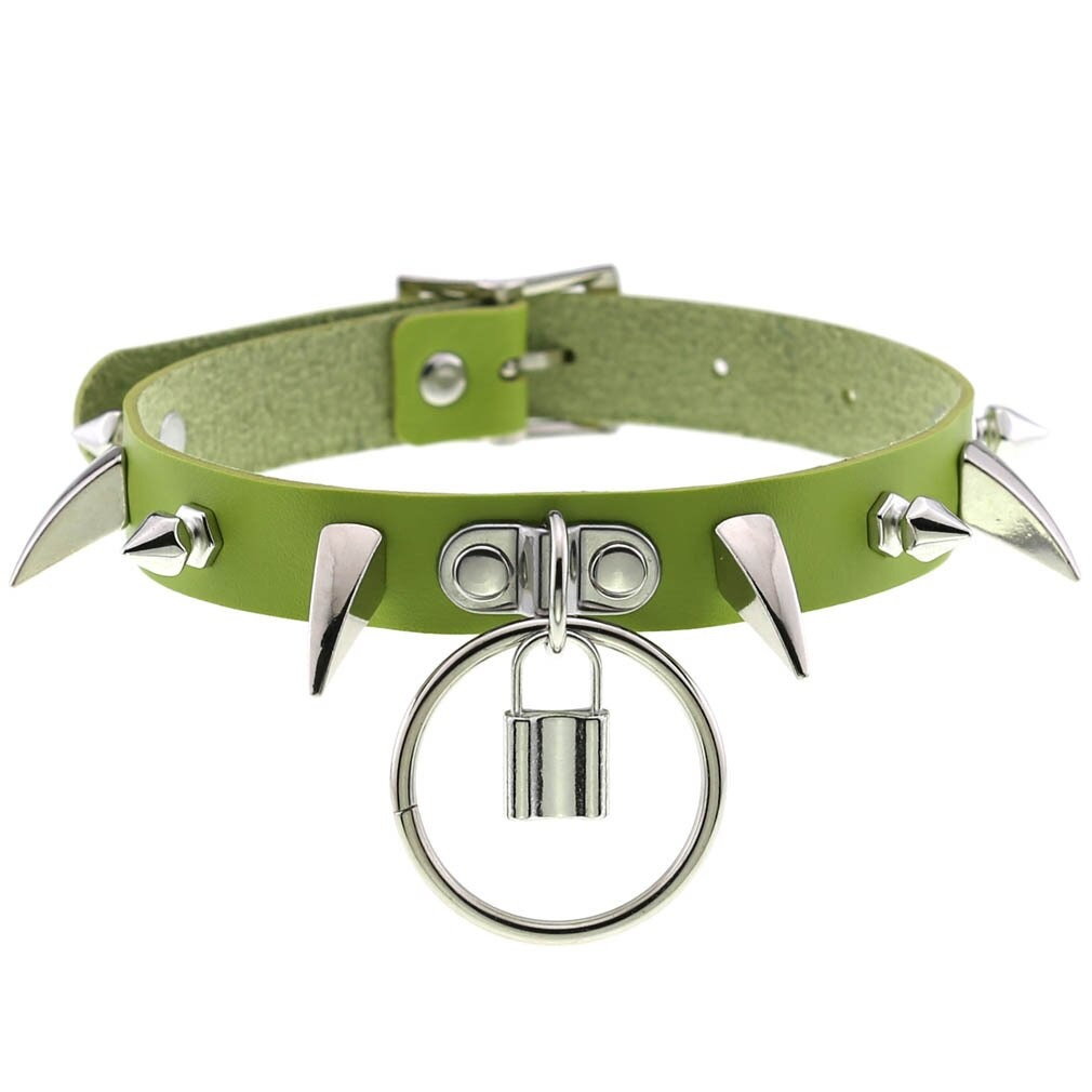 Spiked choker collar in vibrant green PU leather with silver spikes and lock pendant, perfect for gothic and punk styles.