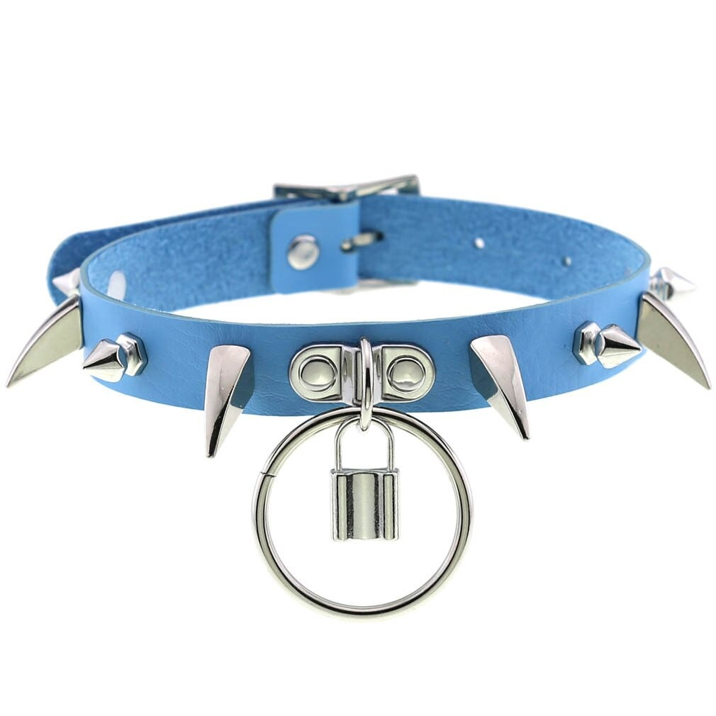 Blue PU leather spiked choker collar with lock pendant, ideal for girls' punk gothic cosplay accessories.