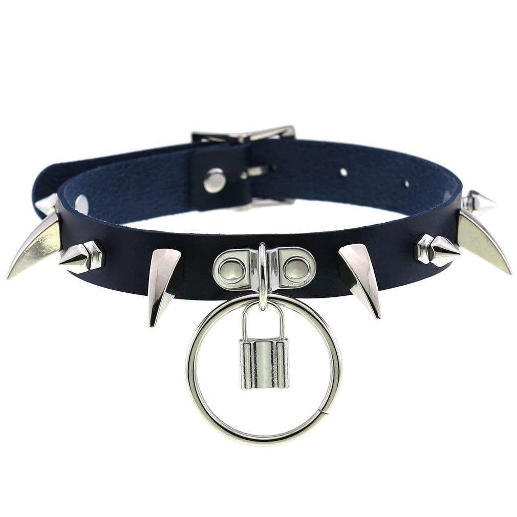 Spiked choker collar in navy PU leather with silver spikes and lock pendant for a gothic punk style.