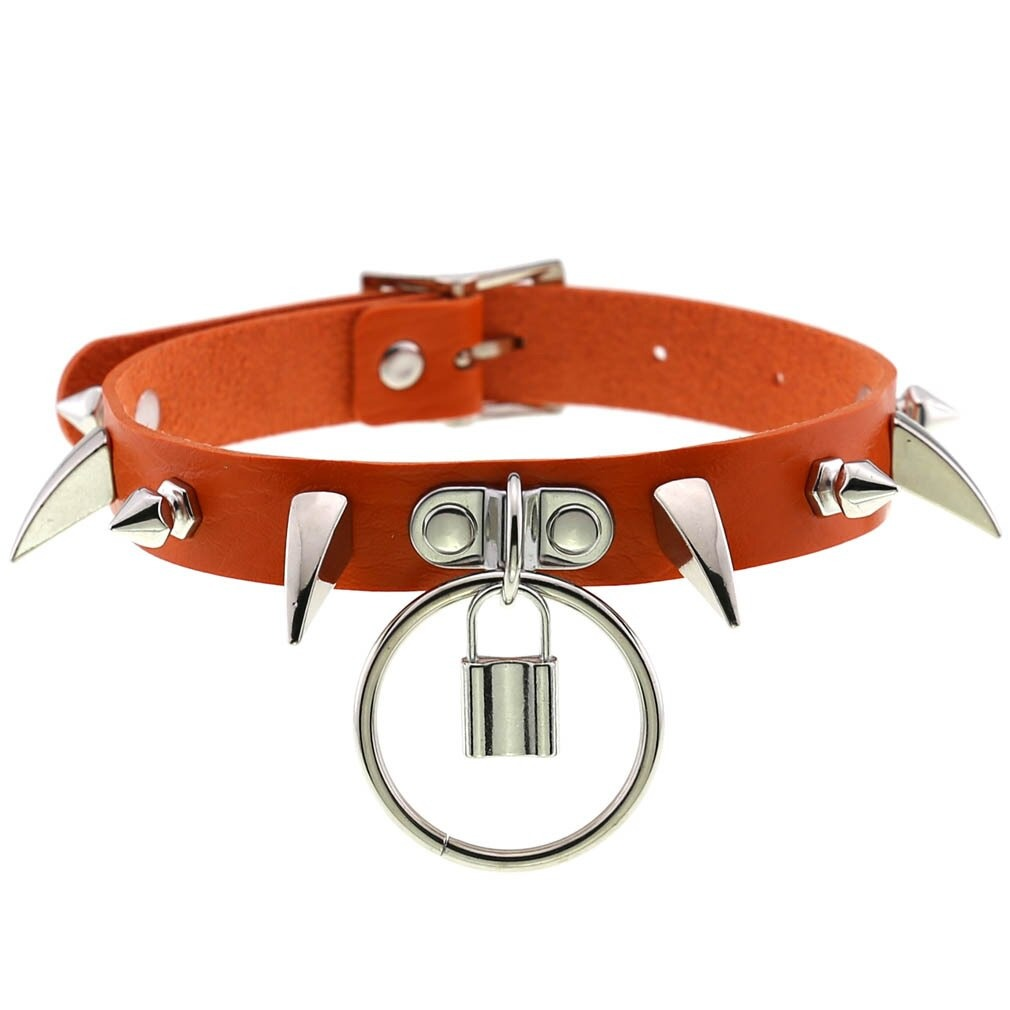 Punk gothic choker collar for girls in orange PU leather with silver spikes and lock pendant accessory.