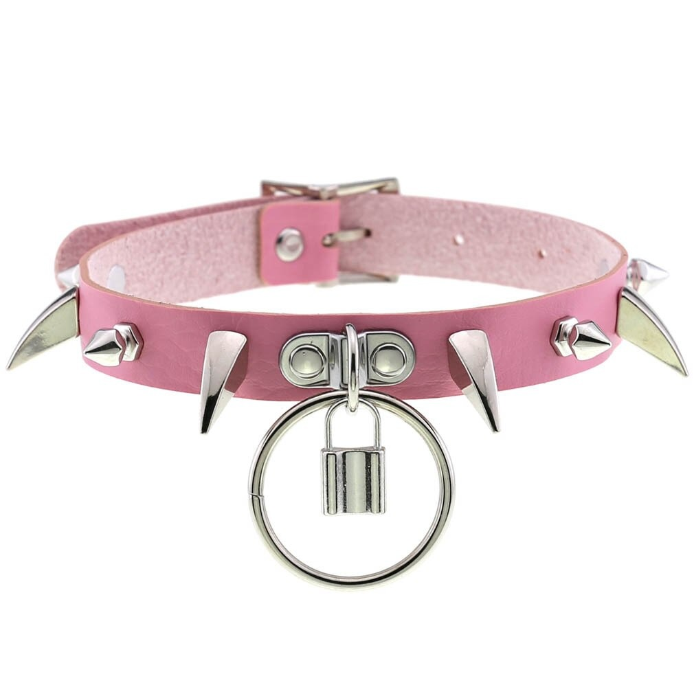 Pink spiked choker collar with silver spikes and lock pendant, perfect for gothic and punk fashion.