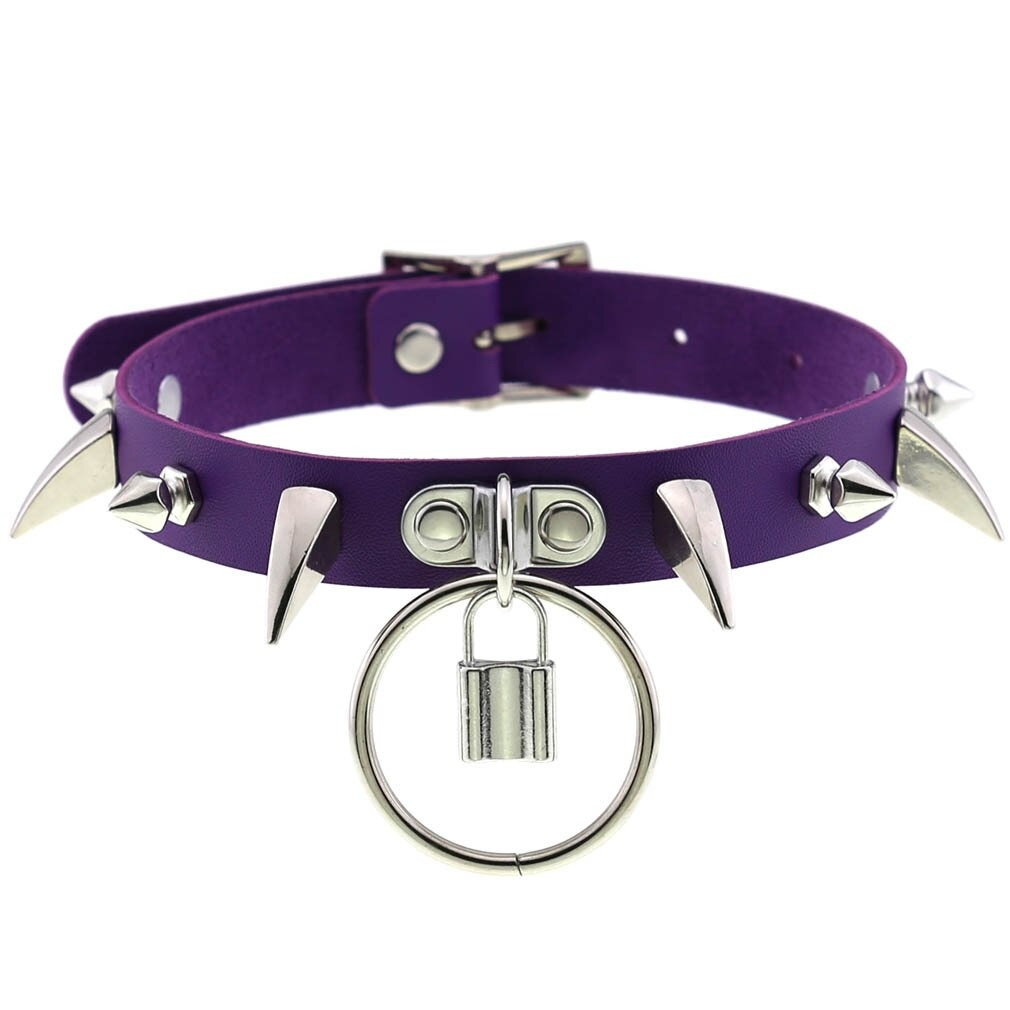 Purple spiked choker collar with lock pendant, perfect for girls' punk gothic fashion and cosplay accessories.