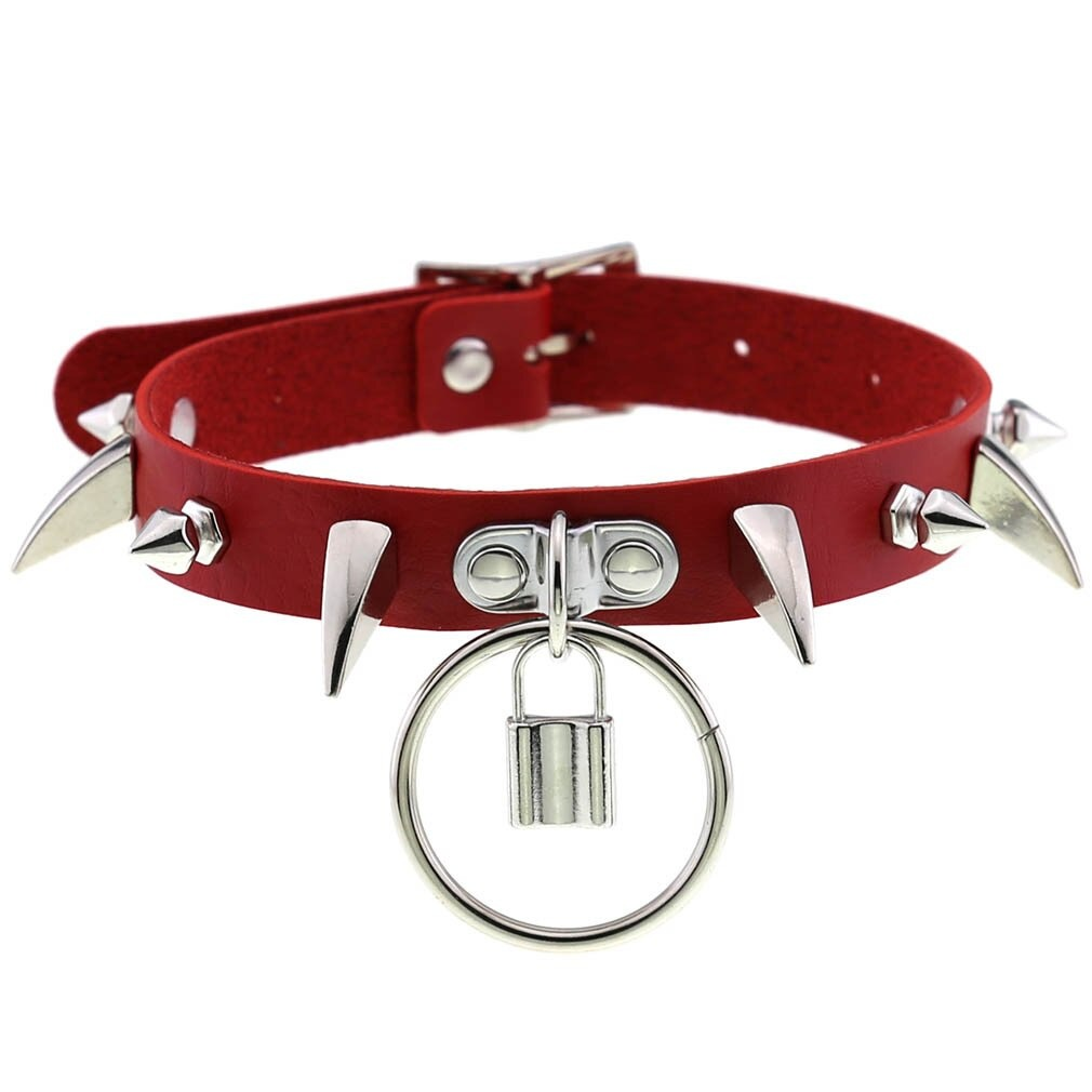 Red spiked choker collar with silver spikes and lock pendant, perfect for gothic fashion and cosplay accessories.