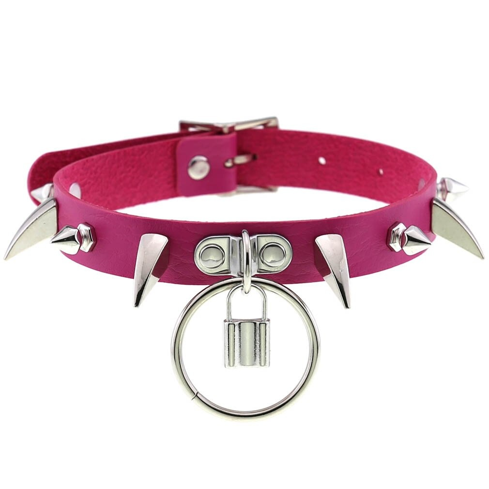 Pink spiked choker collar with silver spikes and lock pendant, perfect for punk gothic style and cosplay accessories.