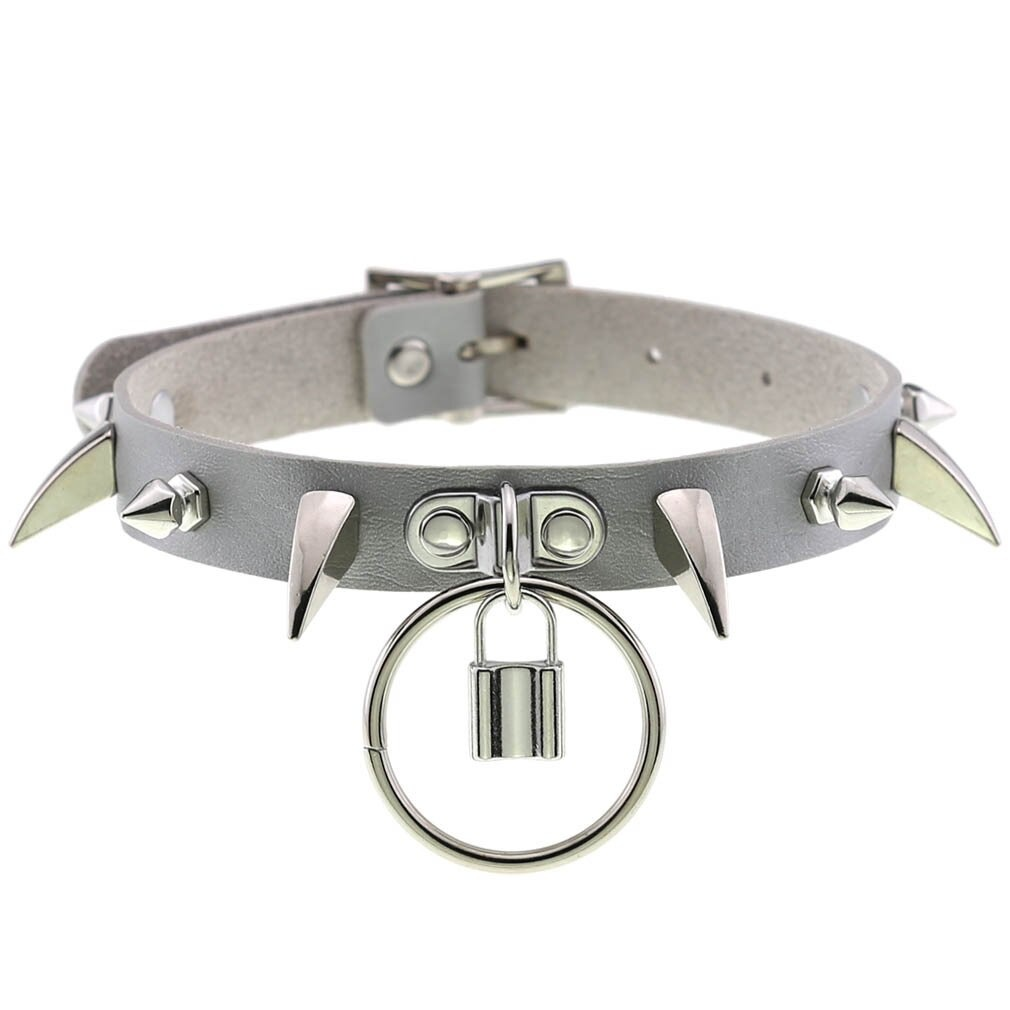 Spiked choker collar for girls in grey PU leather with silver spikes and lock pendant, perfect for punk Gothic style.