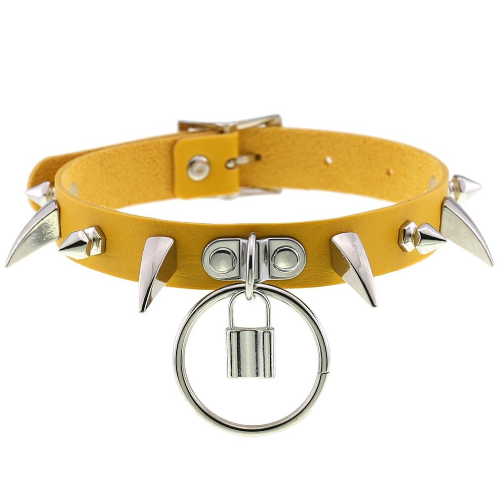 Yellow spiked choker collar with silver lock and spikes, perfect for punk gothic fashion and cosplay accessories.