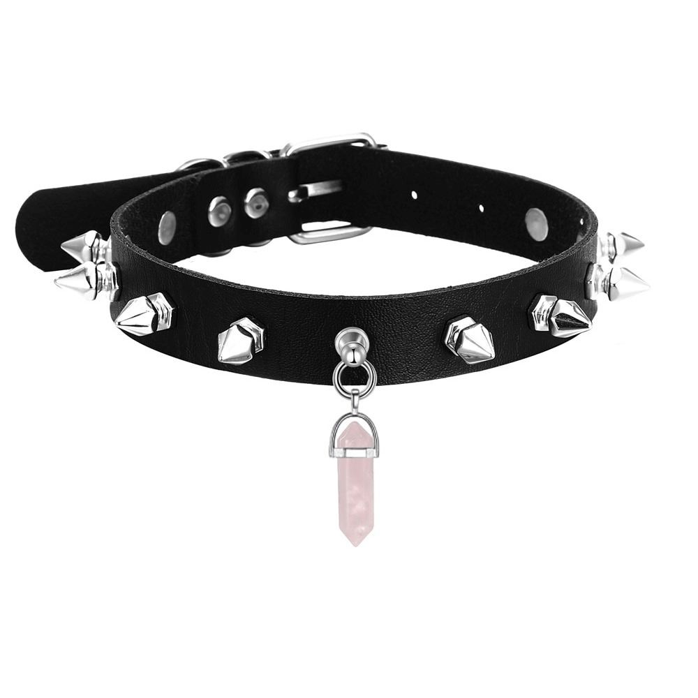 Spiked Leather Choker with Quartz Crystal / Female Chocker in Gothic Style