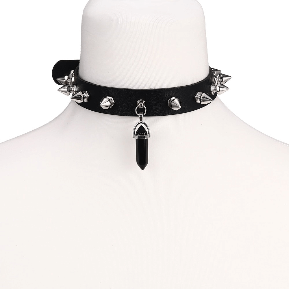 Spiked Leather Choker with Quartz Crystal / Female Chocker in Gothic Style