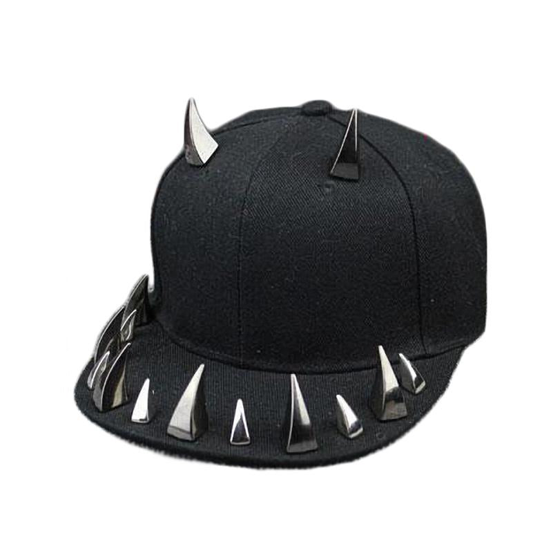 Stylish black spiked rivet snapback cap, perfect for alternative fashion lovers and concert-goers.