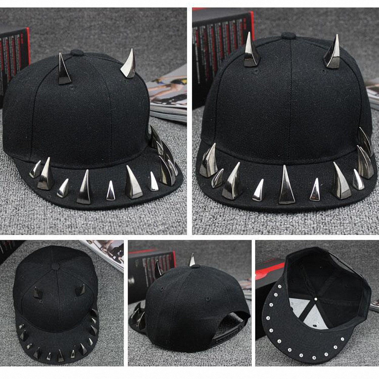 Spiked rivet cap in black showcasing shiny spikes, perfect for alternative fashion and unisex style.