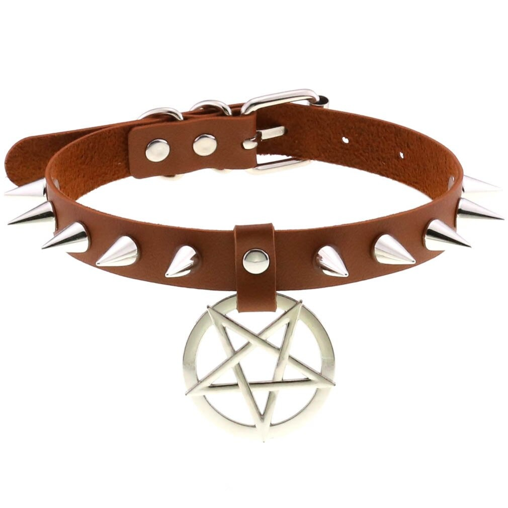 Spikes leather choker necklace featuring a silver pentagram pendant, perfect unisex gothic accessory.