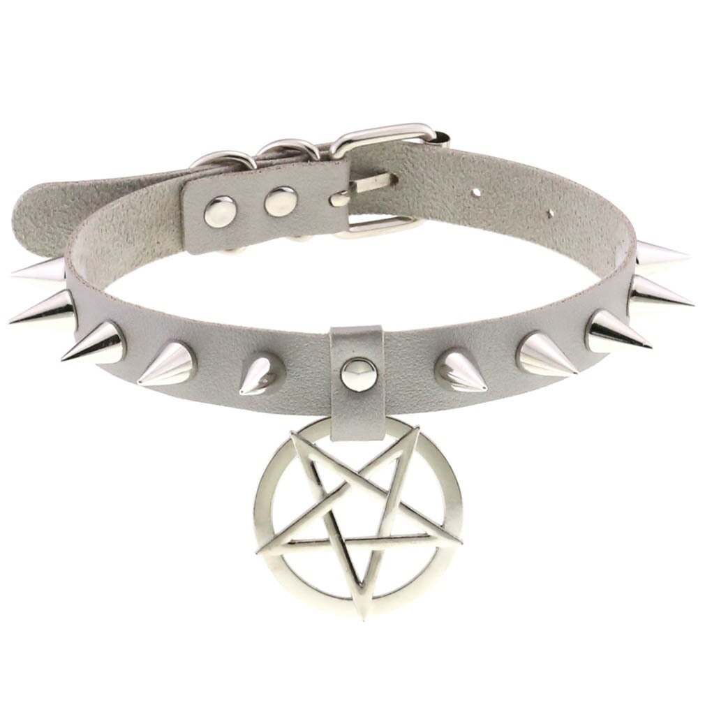 Stylish grey leather choker necklace with silver spikes and pentagram pendant, perfect gothic accessory.