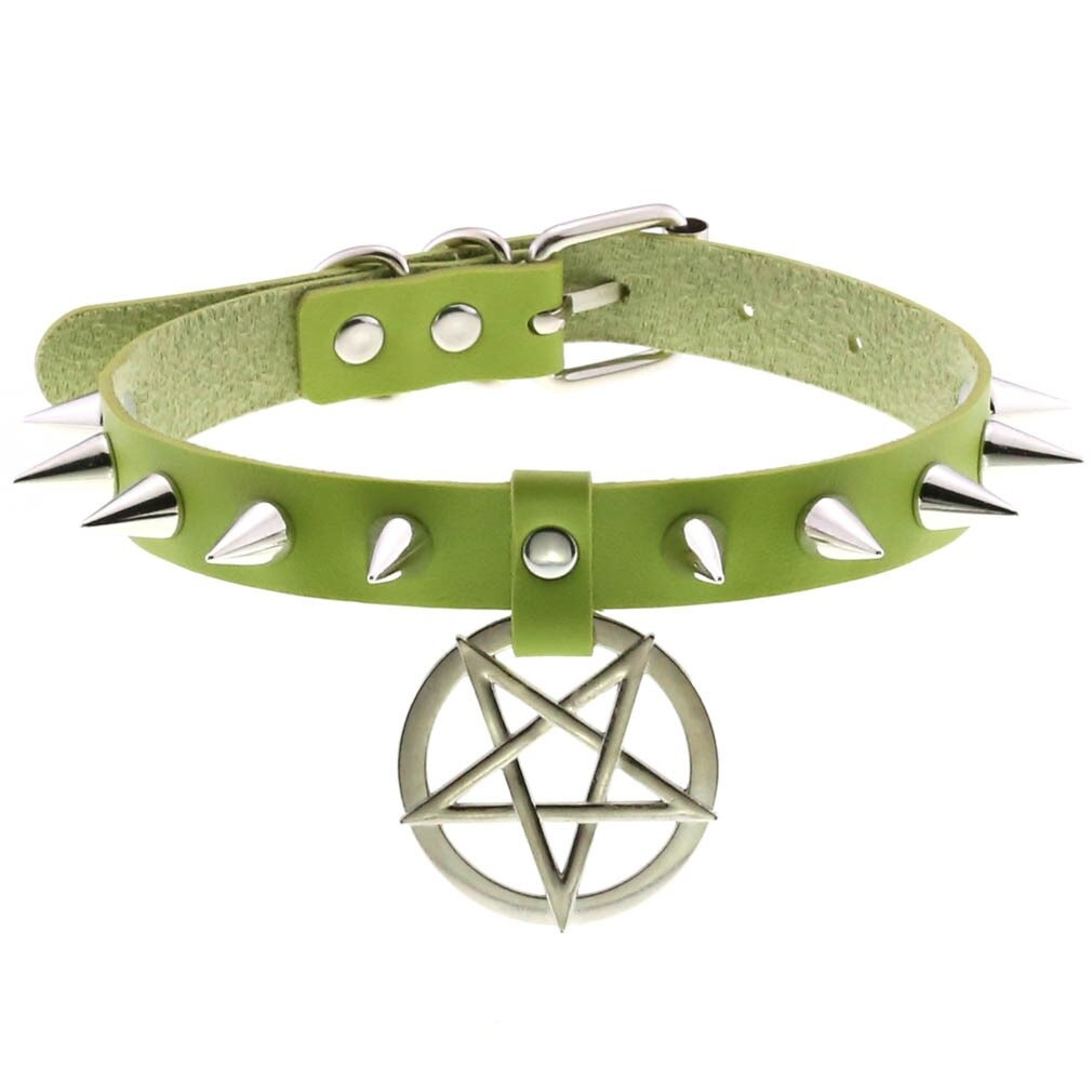 Gothic style leather choker necklace with silver spikes and pentagram pendant in vibrant green color.